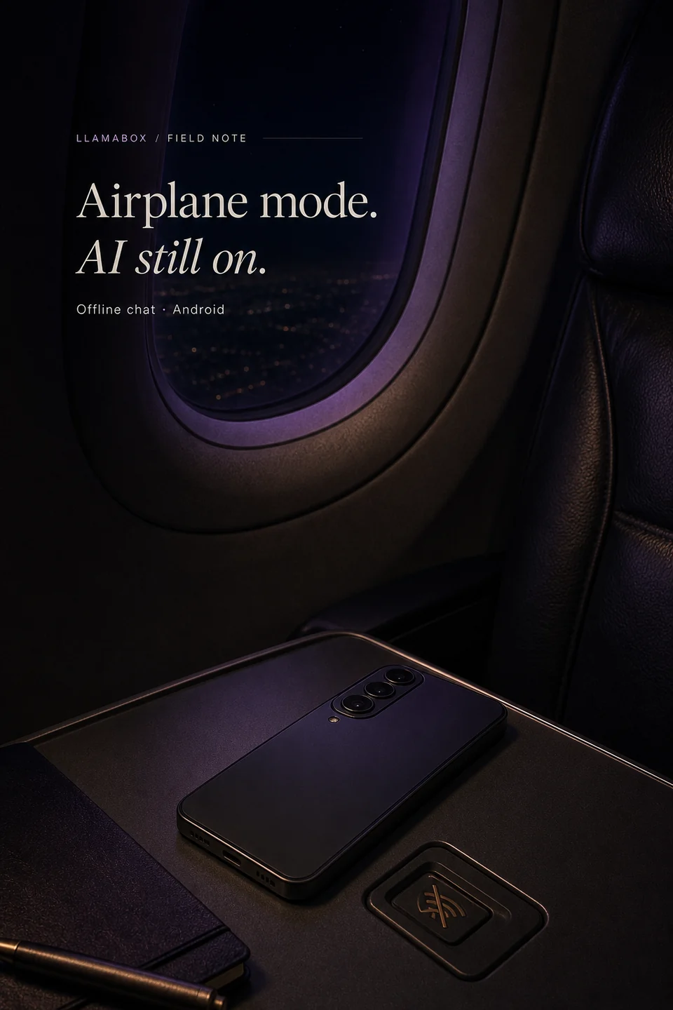 An Android phone rests on an airplane tray beside a disabled wireless switch.