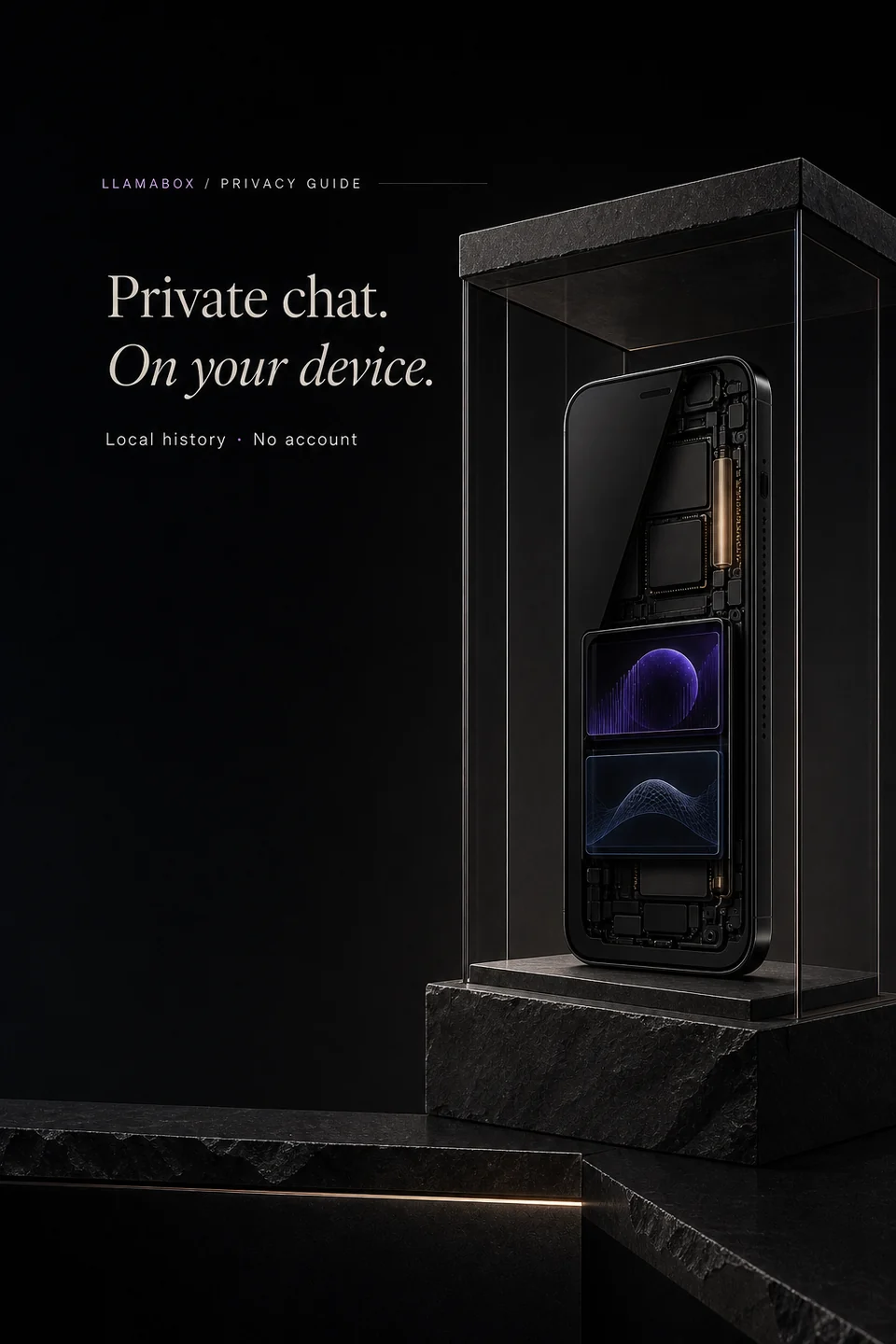A phone and its local processing layers stand inside a transparent architectural enclosure.