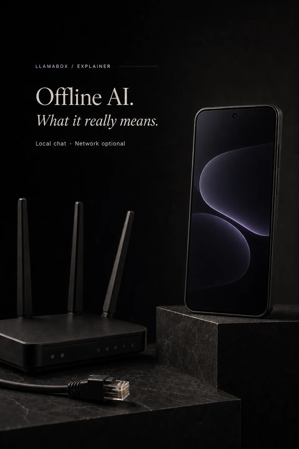 An active phone sits beside a router and disconnected Ethernet cable.
