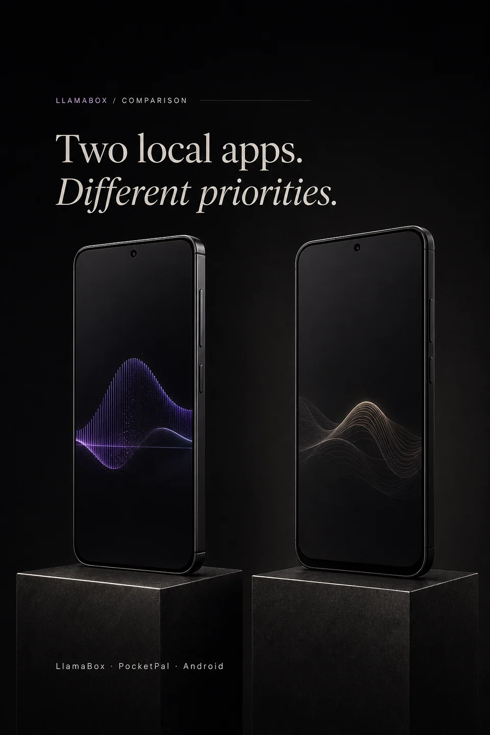 Two Android phones on separate plinths represent local AI apps with different priorities.