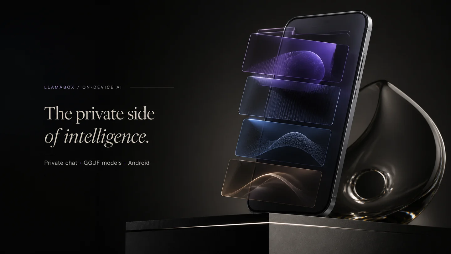 An Android phone with layered glass forms representing private AI capabilities running on the device.