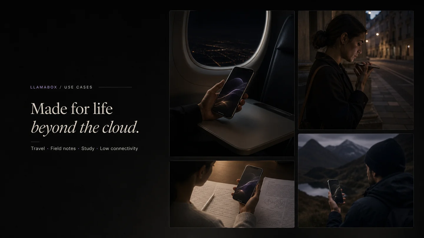 Air travel, field reporting, study and remote travel scenes show practical uses for local AI.
