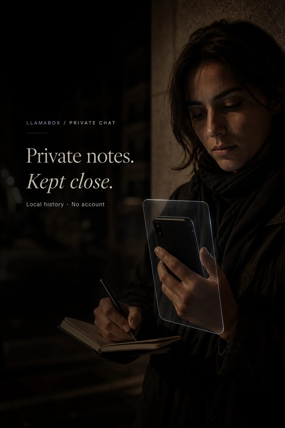 A field journalist writes notes while holding a phone inside a subtle privacy boundary.