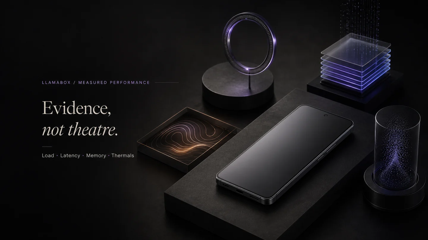 A phone is surrounded by abstract instruments for load time, latency, memory and thermals.
