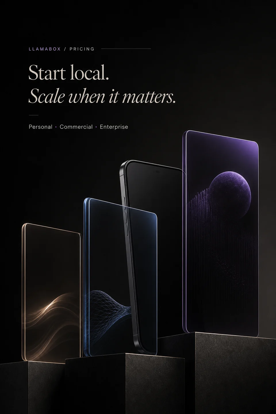 Three dark glass plan forms rise around an Android phone.