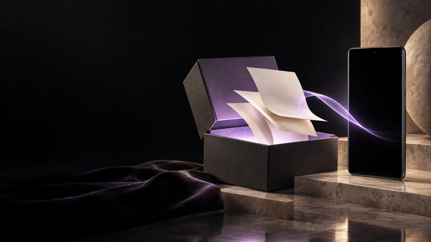 Concept artwork: papers emerge from a lavender-lit box beside a phone.